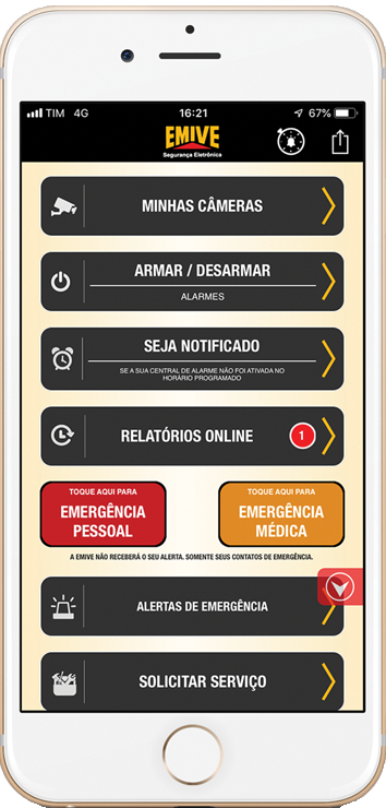 SuperApp EMIVE controlando alarme e câmeras pelo celular
